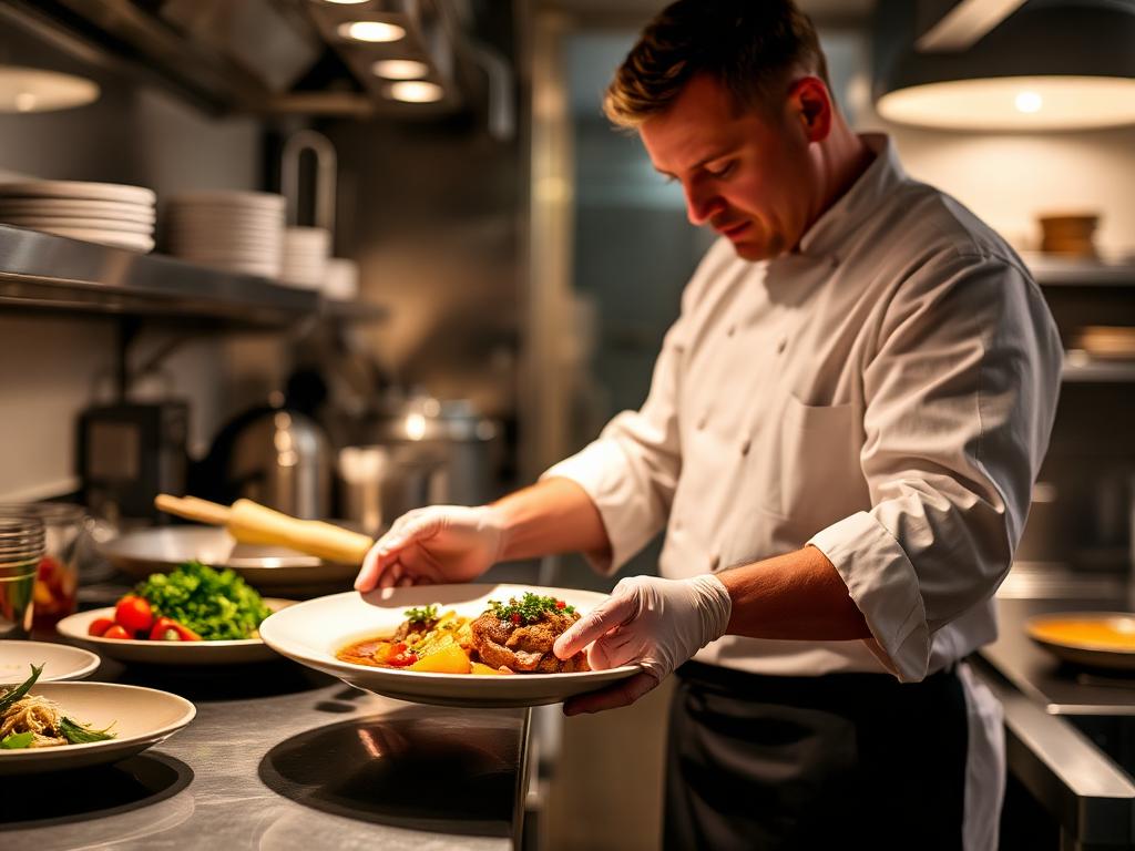 Chef preparing a beautifully plated dish in an independent restaurant kitchen