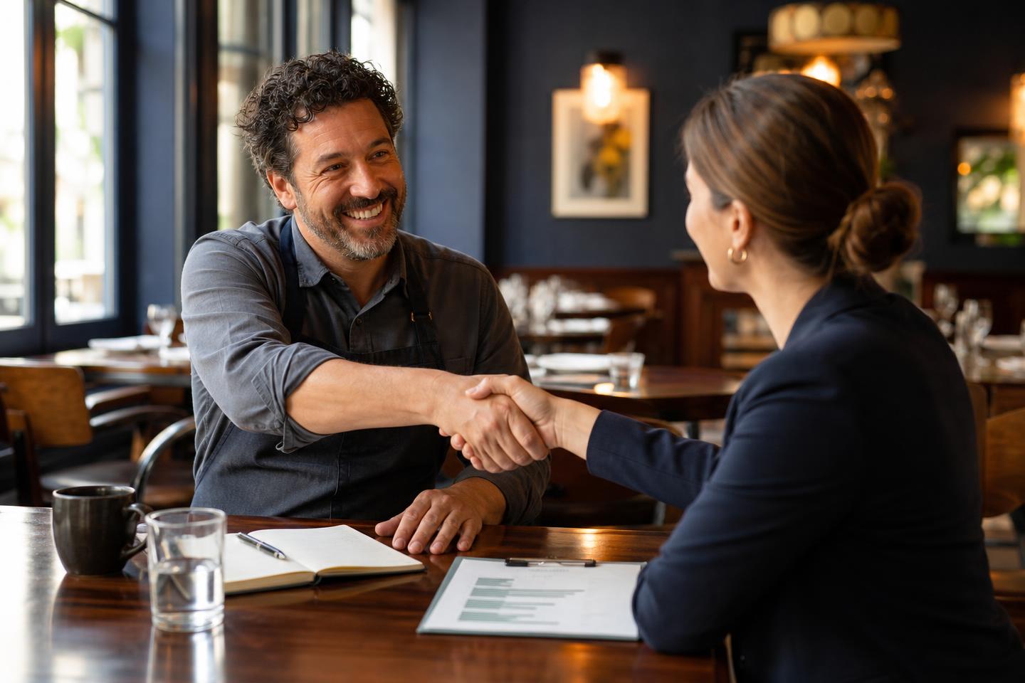 Restaurant owner and consultant shaking hands