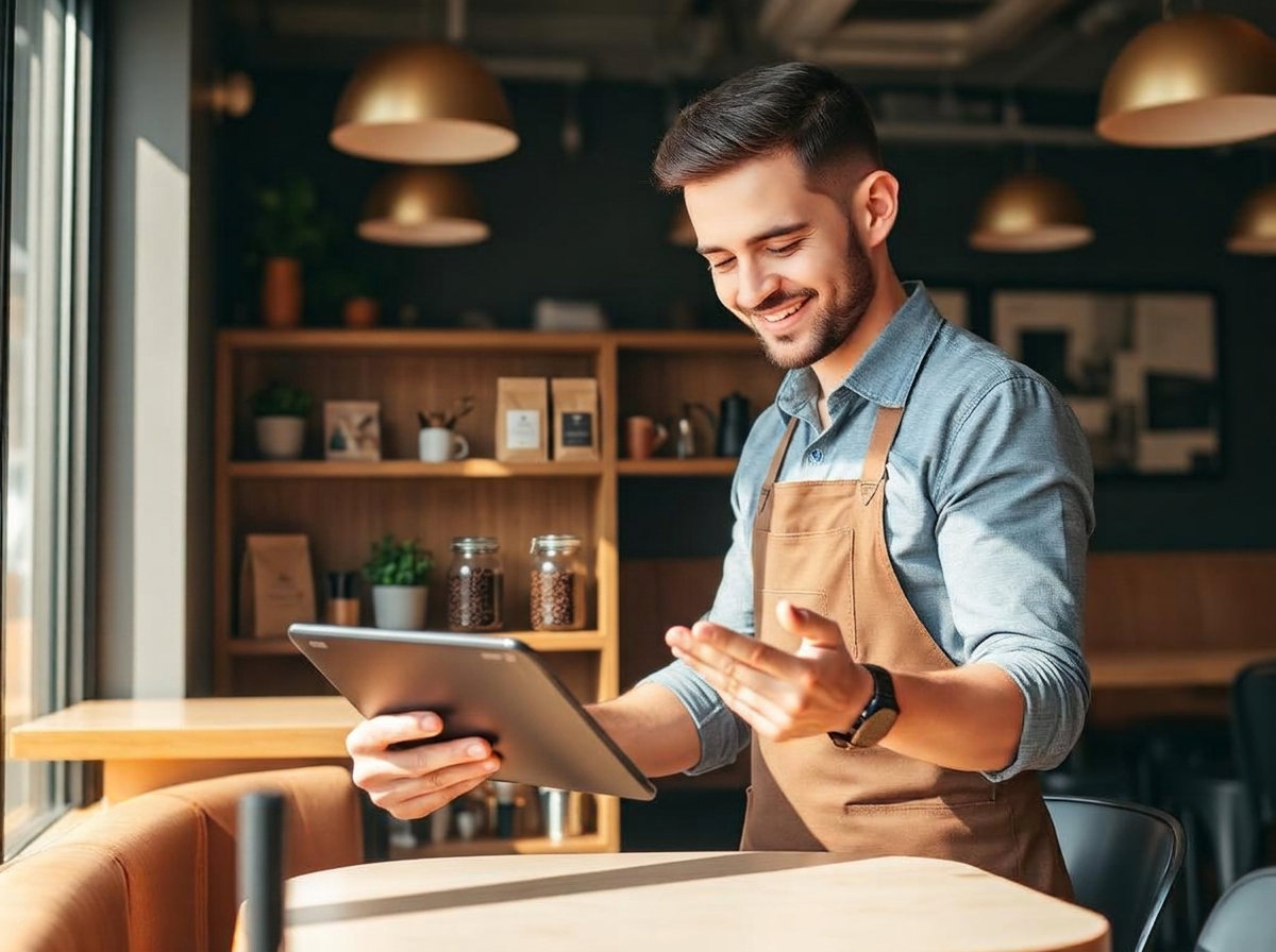 Independent restaurant owner reviewing business plans on a tablet